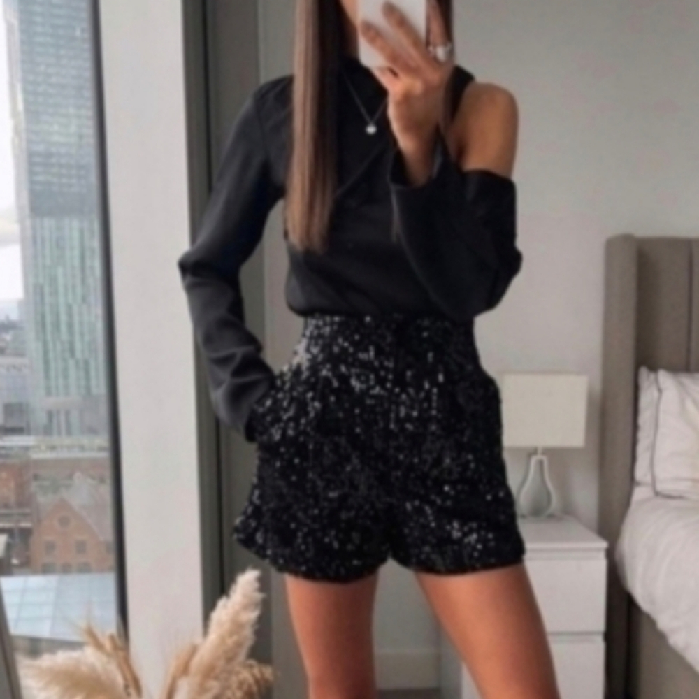 ZARA Sequin High Waisted Shorts Black Size XL